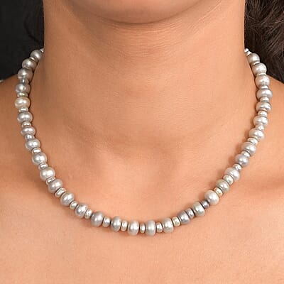 Grey Dyed Pearl Necklace in Stainless Steel 18 Inches