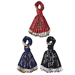 Doorbuster Tamsy Set of 3 Red, Navy and Black Printed Polyester Scarf