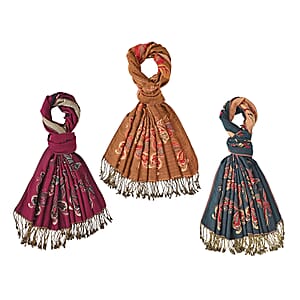  Tamsy Set of 3 Purple, Gold and Green Printed Polyester Scarf