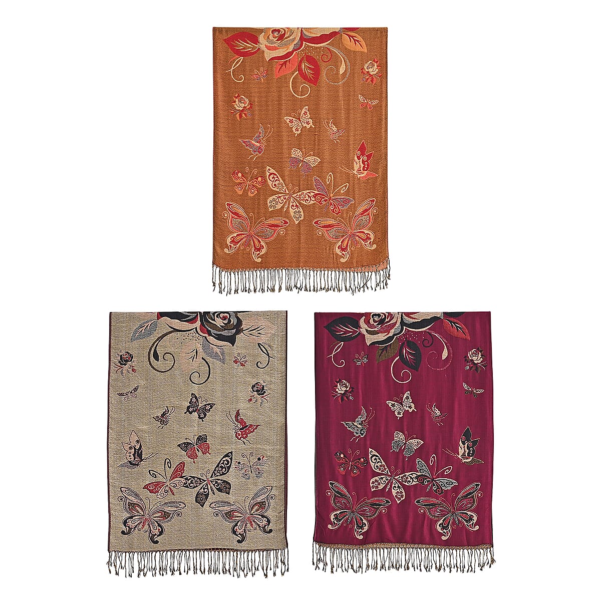  Tamsy Set of 3 Purple, Gold and Green Printed Polyester Scarf image number 5