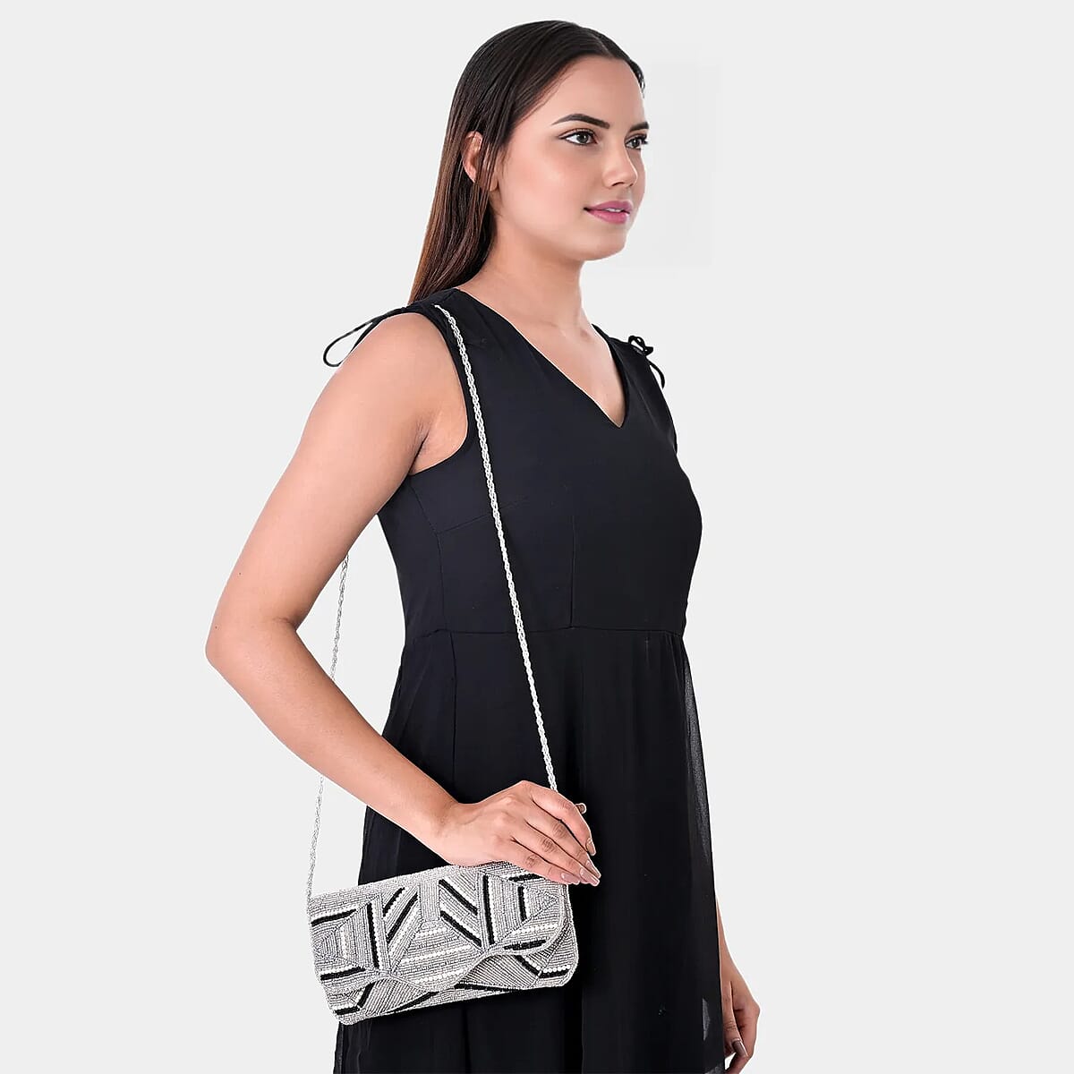 La Marey Silver Bead Work Sling Bag with Magnet Button image number 2