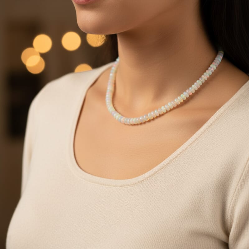 Iliana AAAA Ethiopian Welo Opal 140.00 ctw Beaded Necklace in 18K White Gold 18-20 Inches