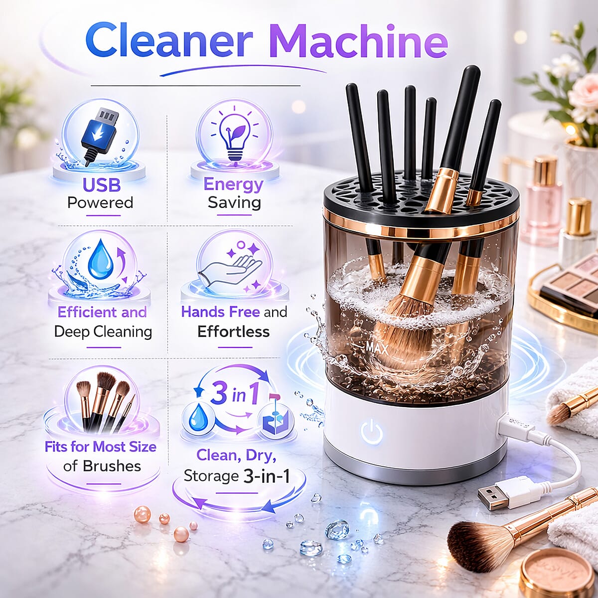 Livmore Makeup Brush Cleaner Machine- White image number 3