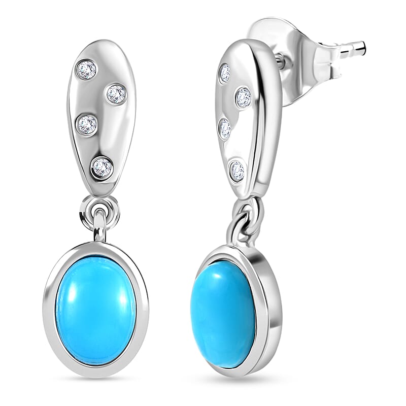 D'Joy Sleeping Beauty Turquoise and White Zircon 1.85 ctw Stud Earrings in Platinum Over Sterling Silver