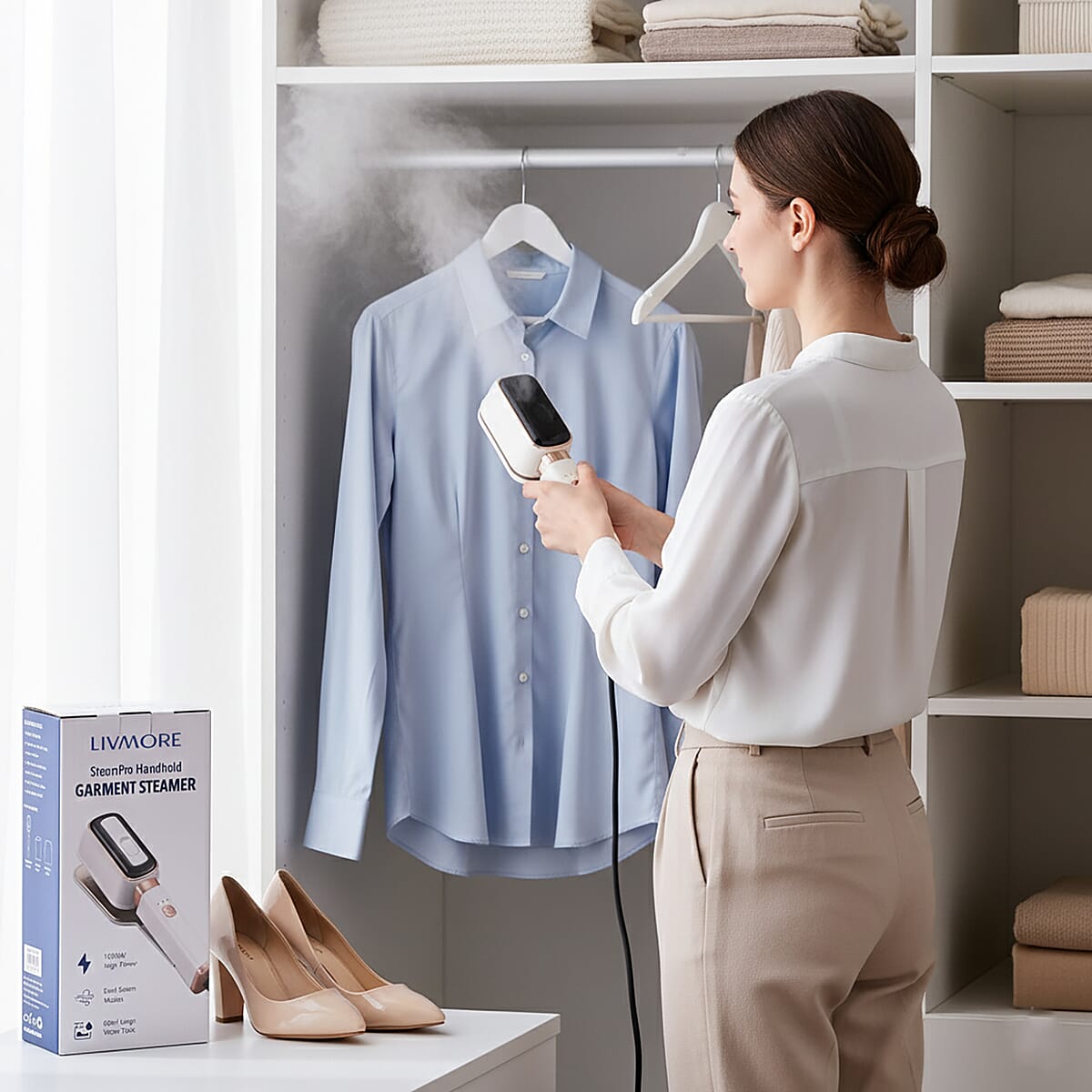 Livmore White Compact Handheld Steamer with Dual Adjustable Steam Modes and 60ml Water Tank (1000W, 100-120V, 220-240V, 50/60Hz) image number 1