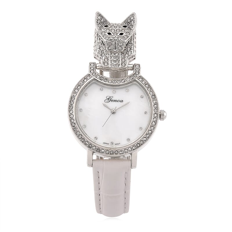 Genoa Austrian Crystal, Black Enameled Miyota Japanese Movement Leopard Head Watch with White Leather Strap
