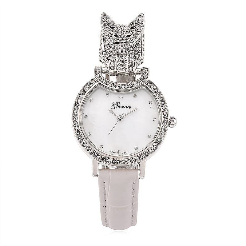 Genoa Austrian Crystal, Black Enameled Miyota Japanese Movement Leopard Head Watch with White Leather Strap