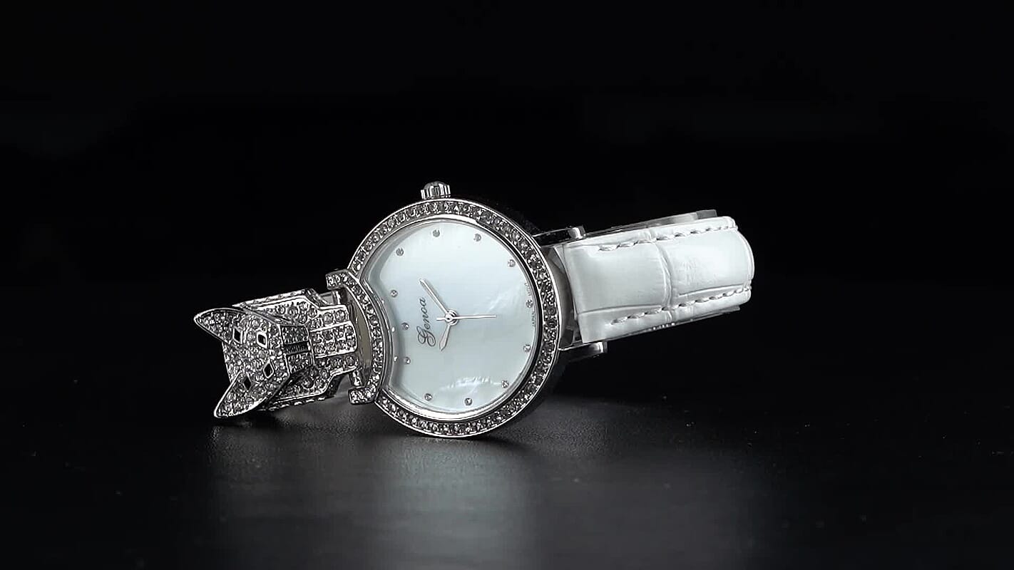 Genoa Austrian Crystal, Black Enameled Miyota Japanese Movement Leopard Head Watch with White Leather Strap