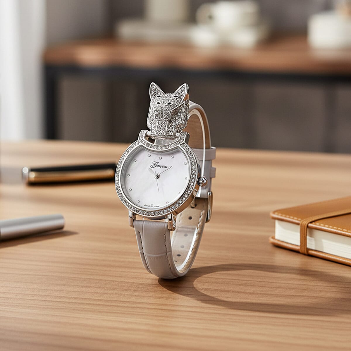 Genoa Austrian Crystal, Black Enameled Miyota Japanese Movement Leopard Head Watch with White Leather Strap image number 1