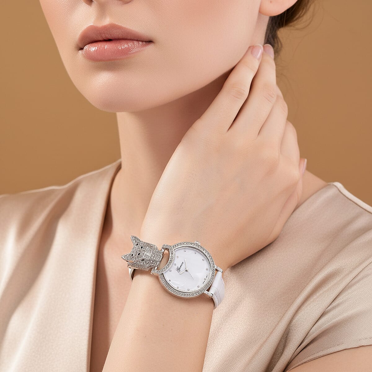 Genoa Austrian Crystal, Black Enameled Miyota Japanese Movement Leopard Head Watch with White Leather Strap image number 2