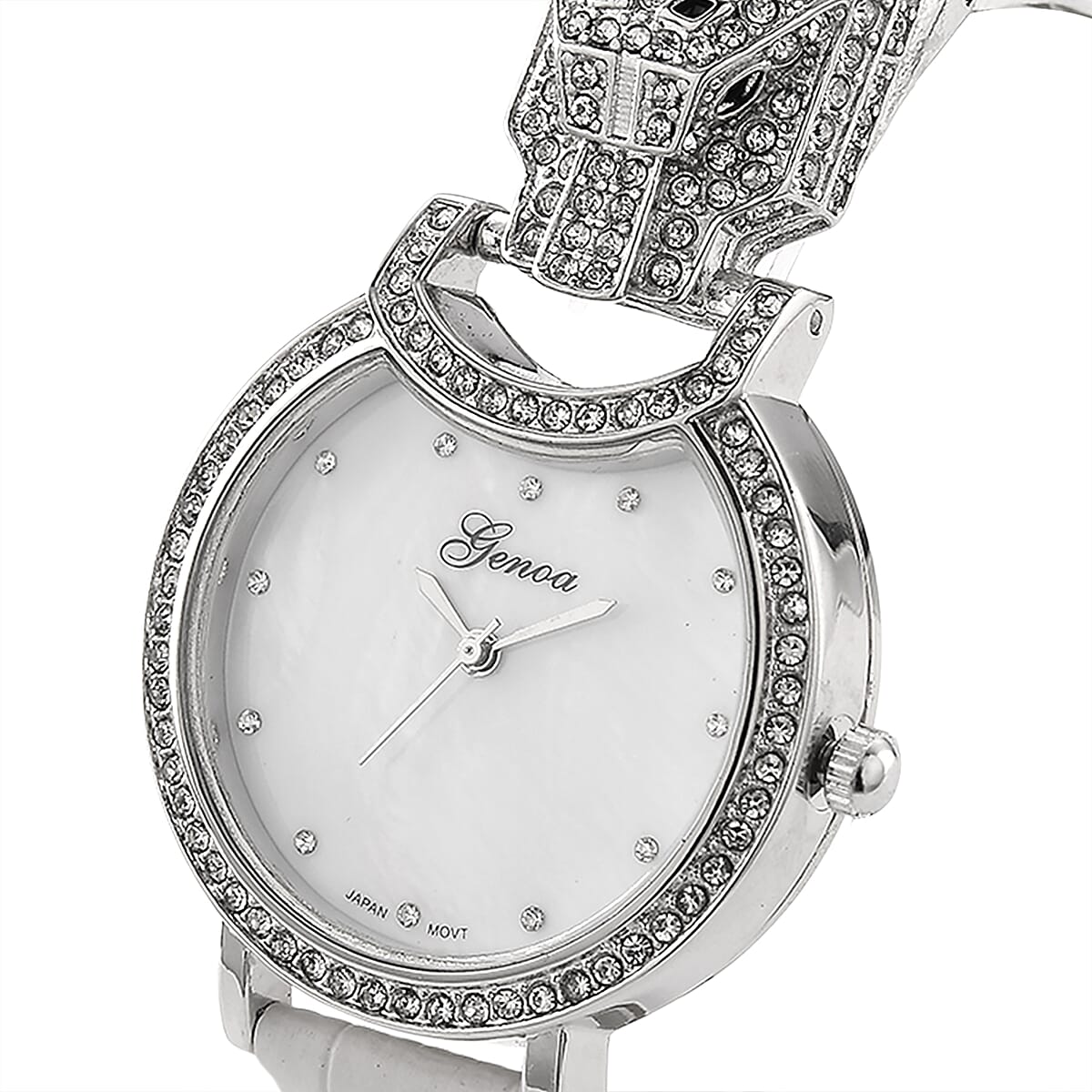 Genoa Austrian Crystal, Black Enameled Miyota Japanese Movement Leopard Head Watch with White Leather Strap image number 3