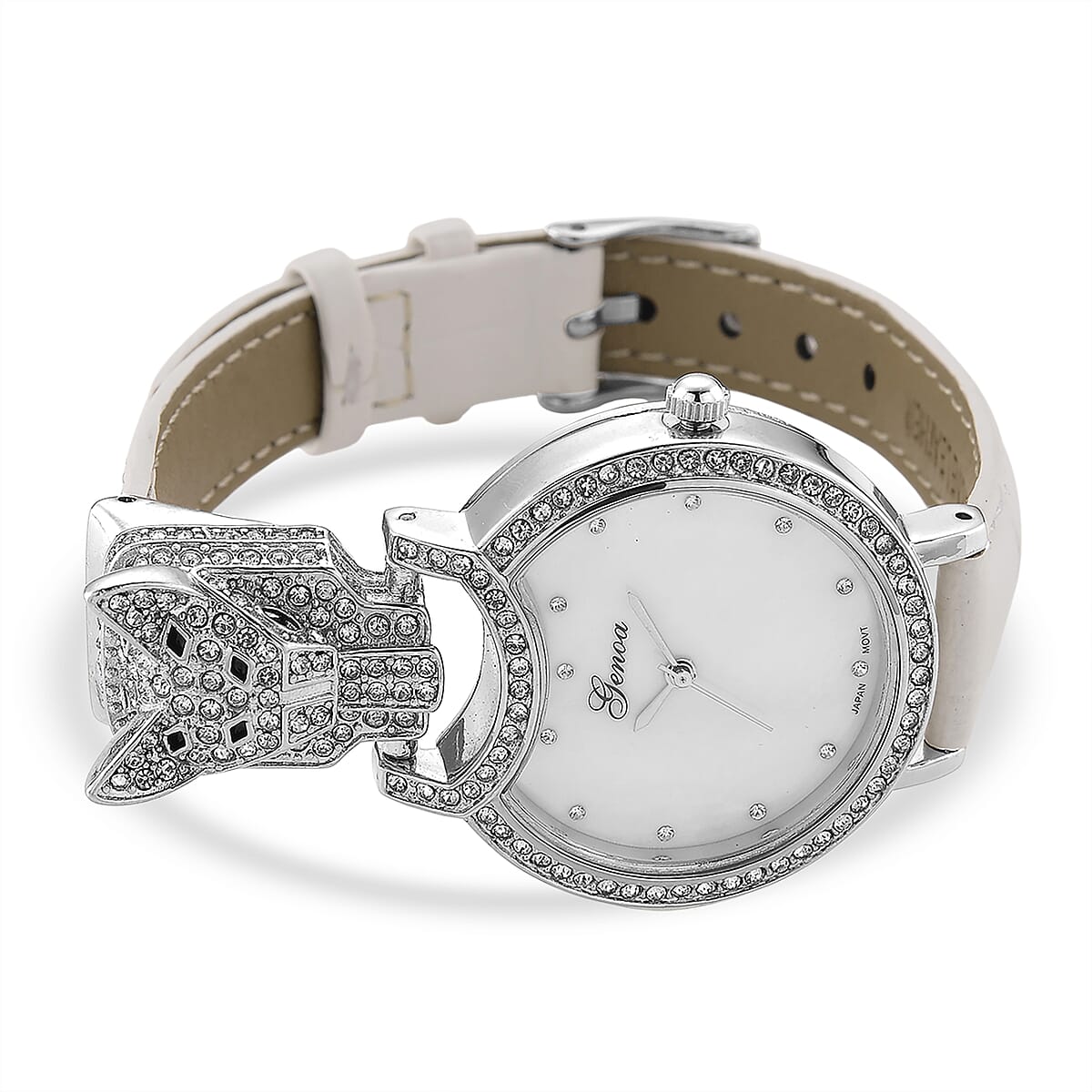 Genoa Austrian Crystal, Black Enameled Miyota Japanese Movement Leopard Head Watch with White Leather Strap image number 5