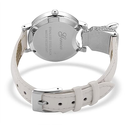 Genoa Austrian Crystal, Black Enameled Miyota Japanese Movement Leopard Head Watch with White Leather Strap