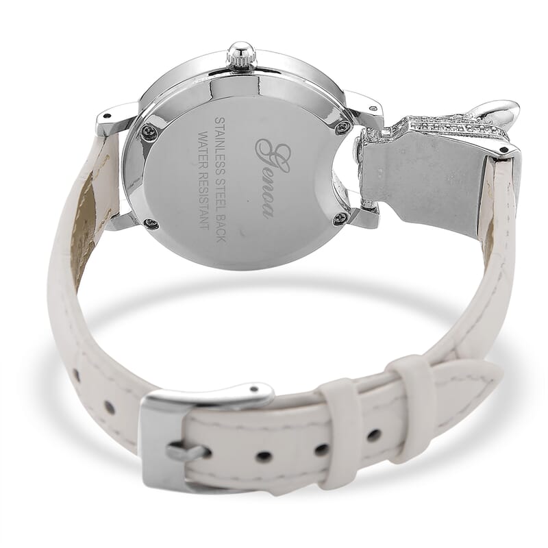 Genoa Austrian Crystal, Black Enameled Miyota Japanese Movement Leopard Head Watch with White Leather Strap
