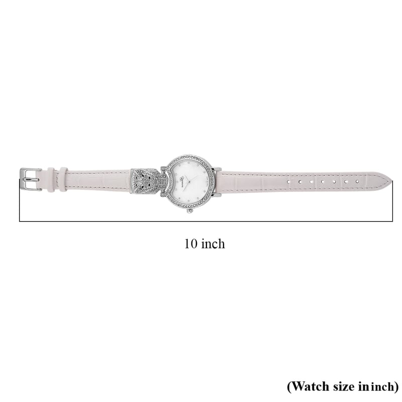 Genoa Austrian Crystal, Black Enameled Miyota Japanese Movement Leopard Head Watch with White Leather Strap
