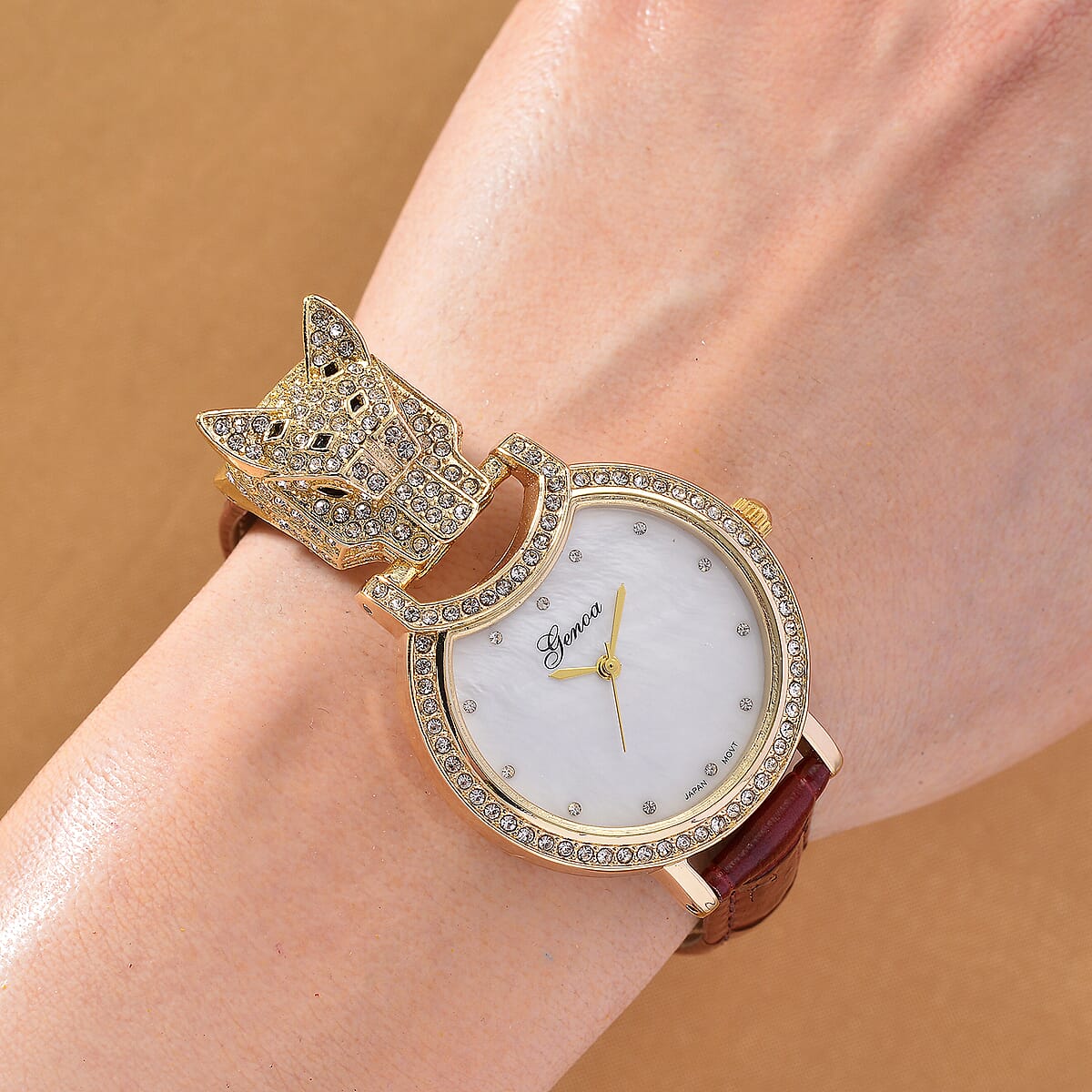 Genoa Austrian Crystal, Black Enameled Miyota Japanese Movement Leopard Head Watch with Wine Red Leather Strap image number 1