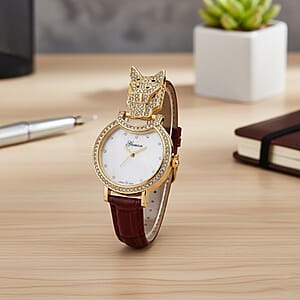 Genoa Austrian Crystal, Black Enameled Miyota Japanese Movement Leopard Head Watch with Wine Red Leather Strap