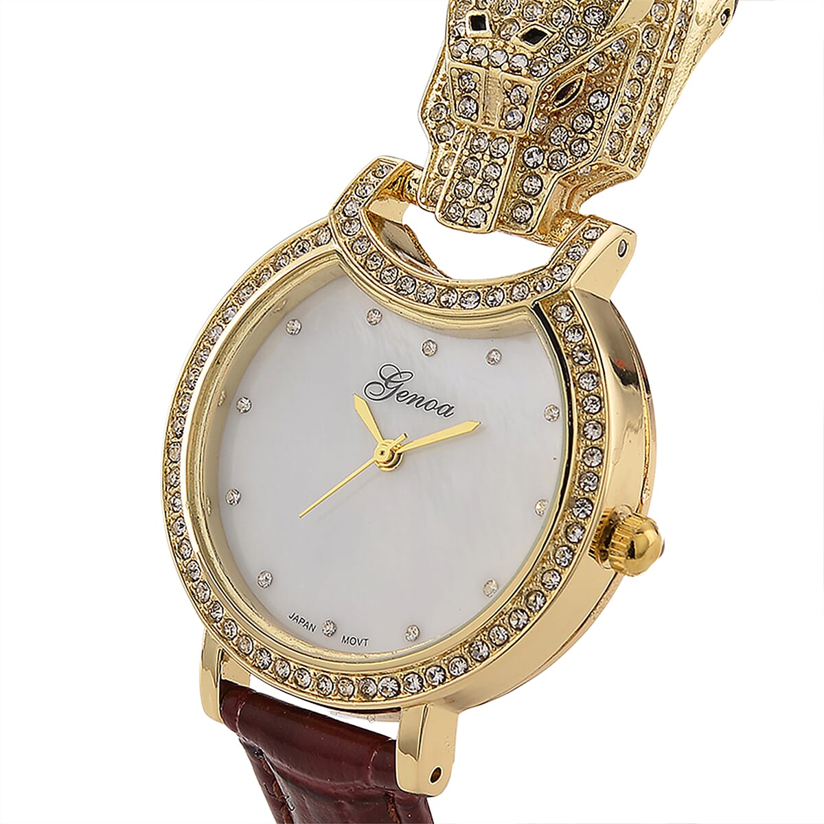 Genoa Austrian Crystal, Black Enameled Miyota Japanese Movement Leopard Head Watch with Wine Red Leather Strap image number 2