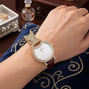 Genoa Austrian Crystal, Black Enameled Miyota Japanese Movement Leopard Head Watch with Wine Red Leather Strap