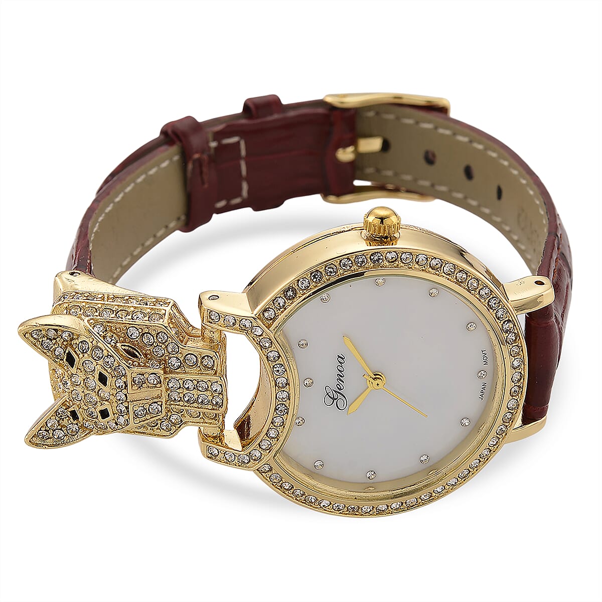 Genoa Austrian Crystal, Black Enameled Miyota Japanese Movement Leopard Head Watch with Wine Red Leather Strap image number 3