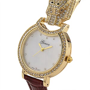 Genoa Austrian Crystal, Black Enameled Miyota Japanese Movement Leopard Head Watch with Wine Red Leather Strap