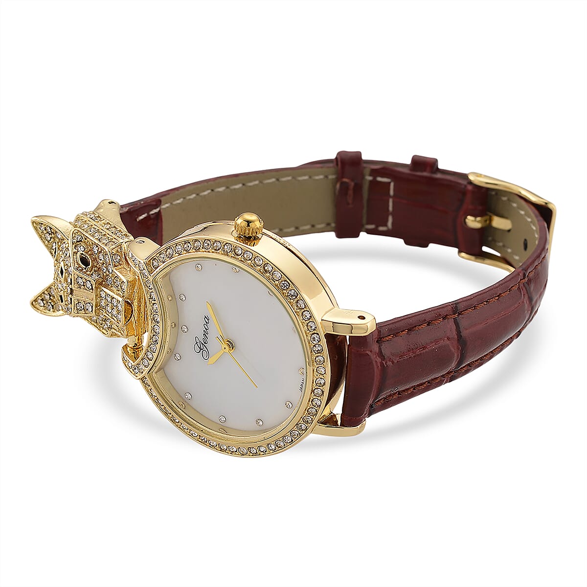 Genoa Austrian Crystal, Black Enameled Miyota Japanese Movement Leopard Head Watch with Wine Red Leather Strap image number 5