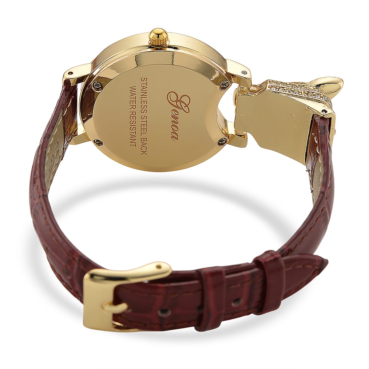 Genoa Austrian Crystal, Black Enameled Miyota Japanese Movement Leopard Head Watch with Wine Red Leather Strap image number 6