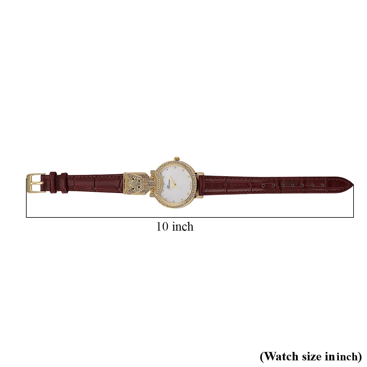 Genoa Austrian Crystal, Black Enameled Miyota Japanese Movement Leopard Head Watch with Wine Red Leather Strap image number 8