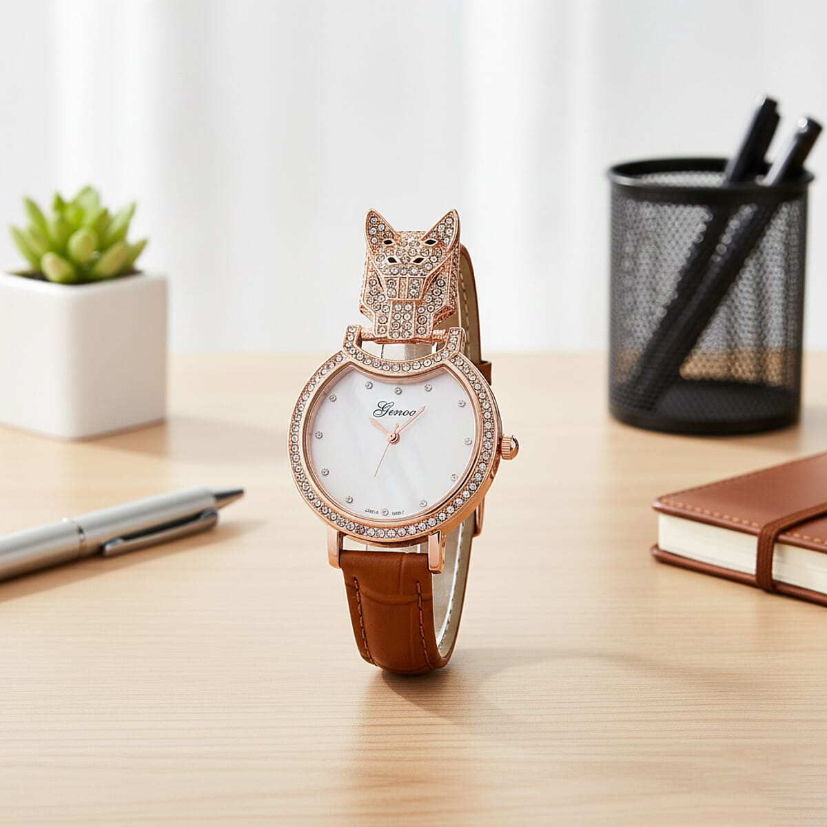 Genoa Austrian Crystal, Black Enameled Miyota Japanese Movement Leopard Head Watch with Light Coffee Leather Strap image number 1