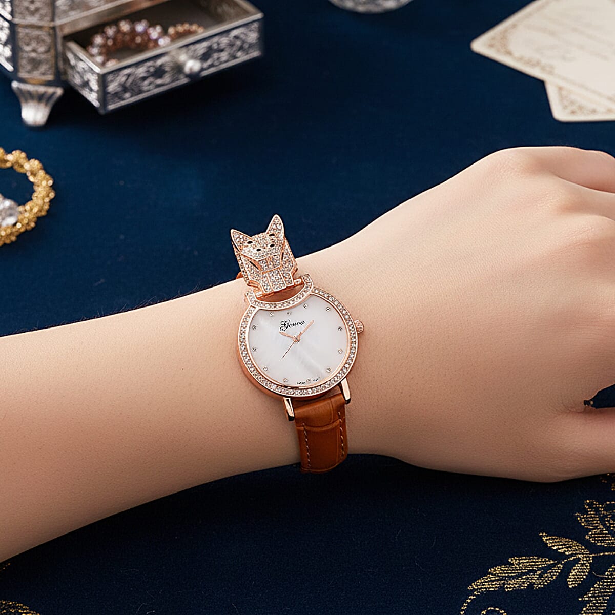 Genoa Austrian Crystal, Black Enameled Miyota Japanese Movement Leopard Head Watch with Light Coffee Leather Strap image number 2