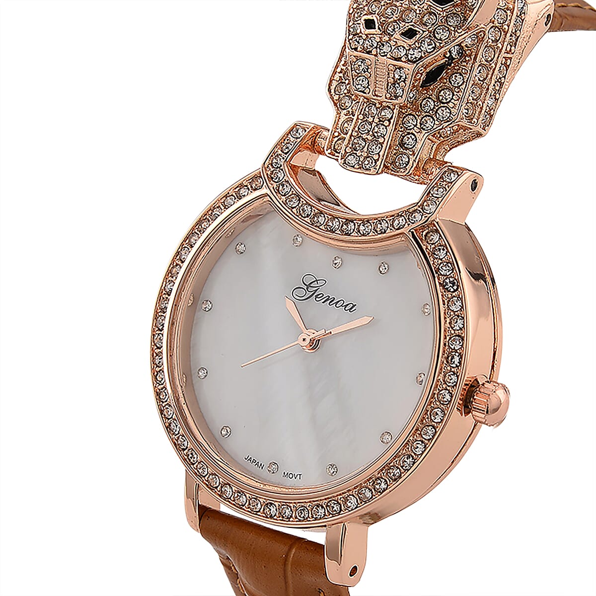 Genoa Austrian Crystal, Black Enameled Miyota Japanese Movement Leopard Head Watch with Light Coffee Leather Strap image number 3