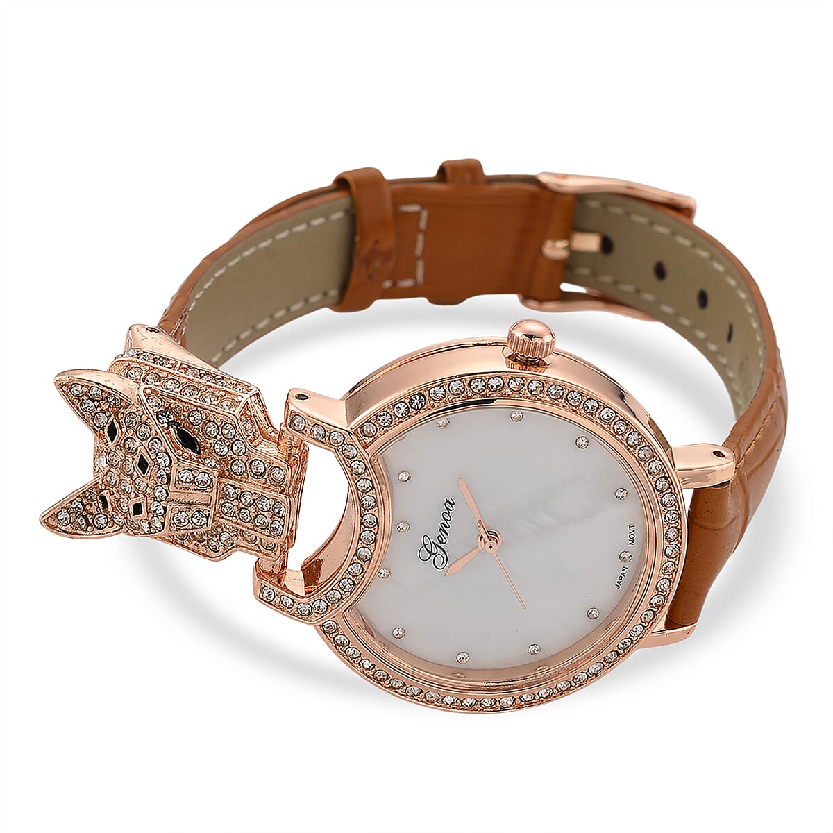 Genoa Austrian Crystal, Black Enameled Miyota Japanese Movement Leopard Head Watch with Light Coffee Leather Strap image number 5