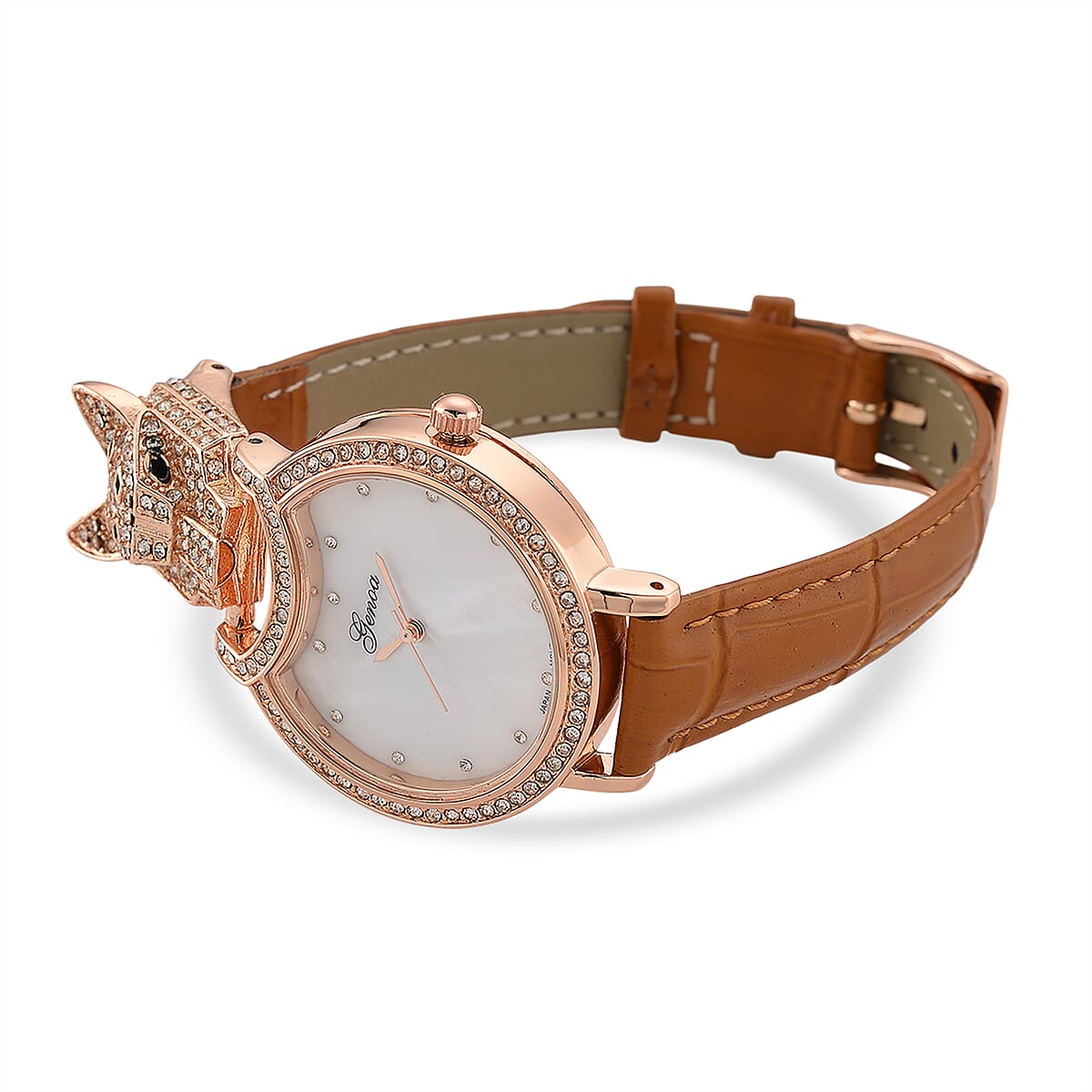 Genoa Austrian Crystal, Black Enameled Miyota Japanese Movement Leopard Head Watch with Light Coffee Leather Strap image number 6