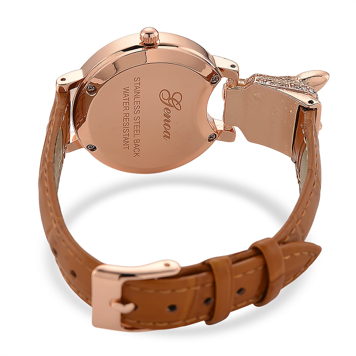 Genoa Austrian Crystal, Black Enameled Miyota Japanese Movement Leopard Head Watch with Light Coffee Leather Strap image number 7