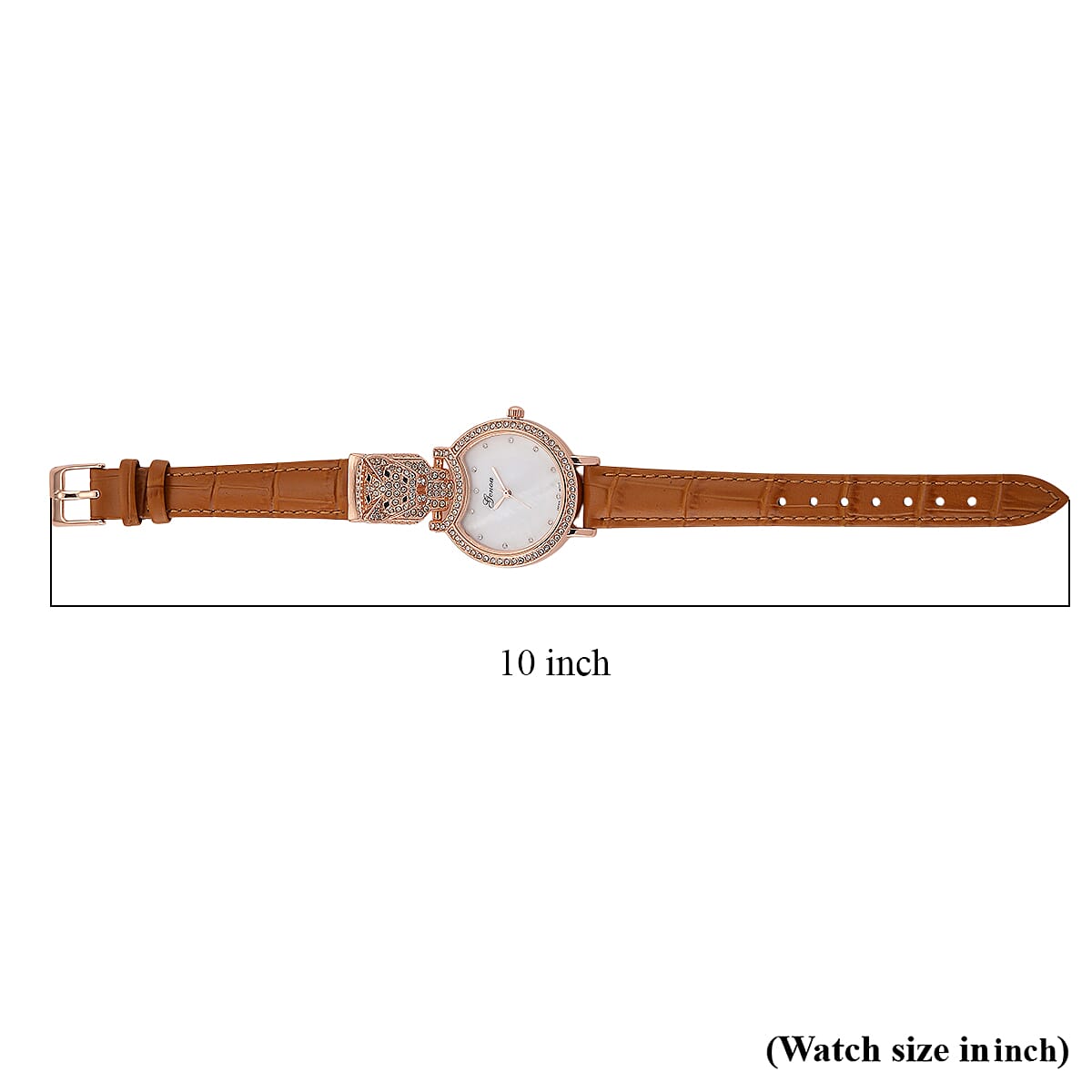 Genoa Austrian Crystal, Black Enameled Miyota Japanese Movement Leopard Head Watch with Light Coffee Leather Strap image number 8