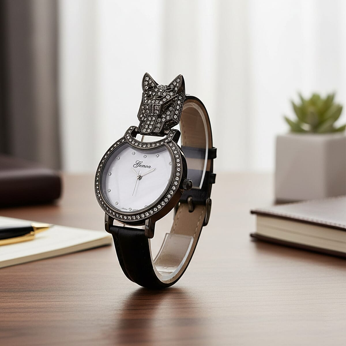 Genoa Austrian Crystal, Black Enameled Miyota Japanese Movement Leopard Head Watch with Black Leather Strap image number 1
