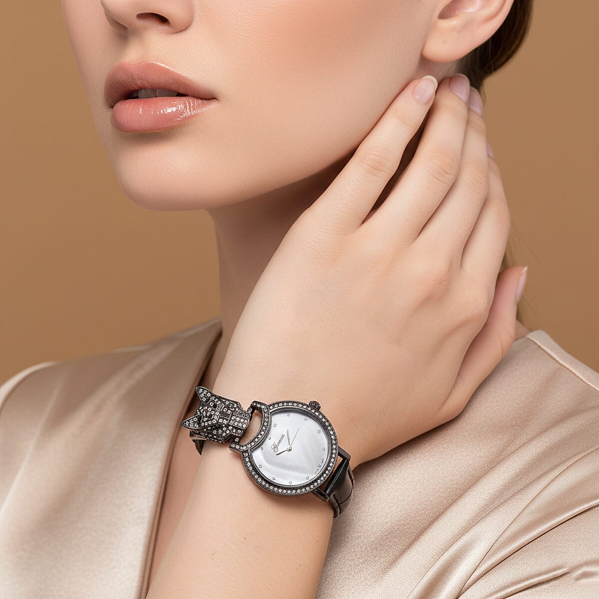 Genoa Austrian Crystal, Black Enameled Miyota Japanese Movement Leopard Head Watch with Black Leather Strap image number 2