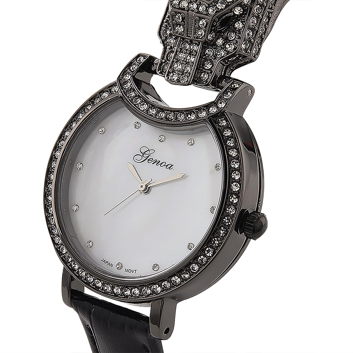 Genoa Austrian Crystal, Black Enameled Miyota Japanese Movement Leopard Head Watch with Black Leather Strap image number 3