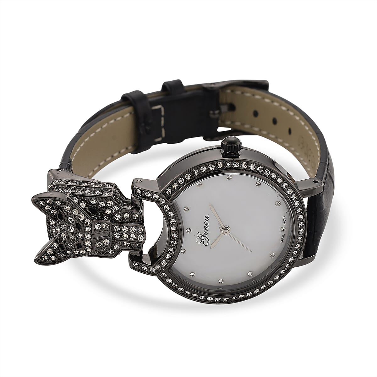 Genoa Austrian Crystal, Black Enameled Miyota Japanese Movement Leopard Head Watch with Black Leather Strap image number 4
