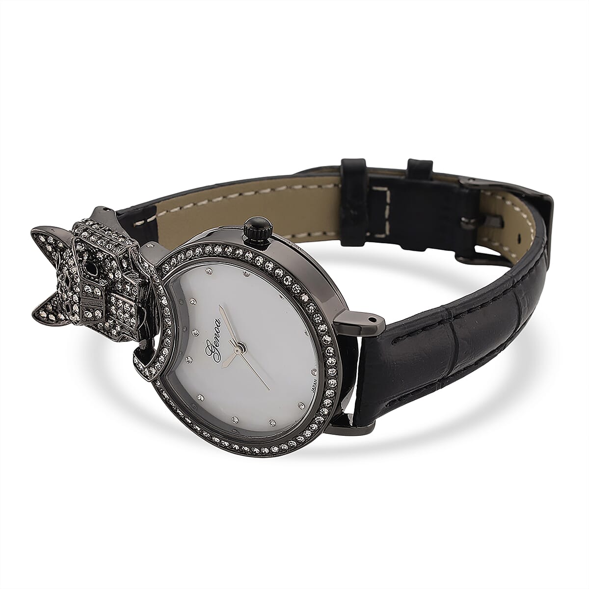 Genoa Austrian Crystal, Black Enameled Miyota Japanese Movement Leopard Head Watch with Black Leather Strap image number 6