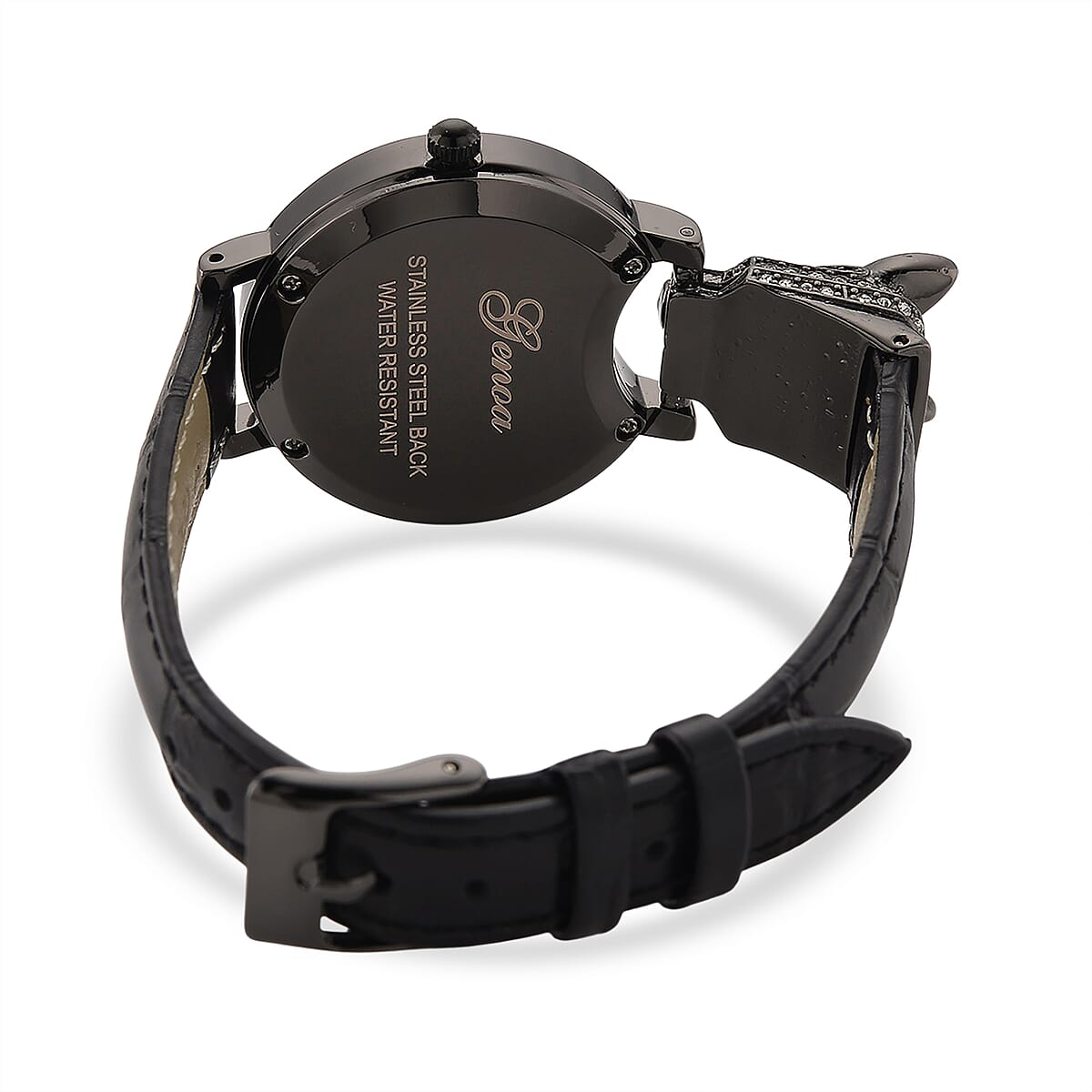 Genoa Austrian Crystal, Black Enameled Miyota Japanese Movement Leopard Head Watch with Black Leather Strap image number 7