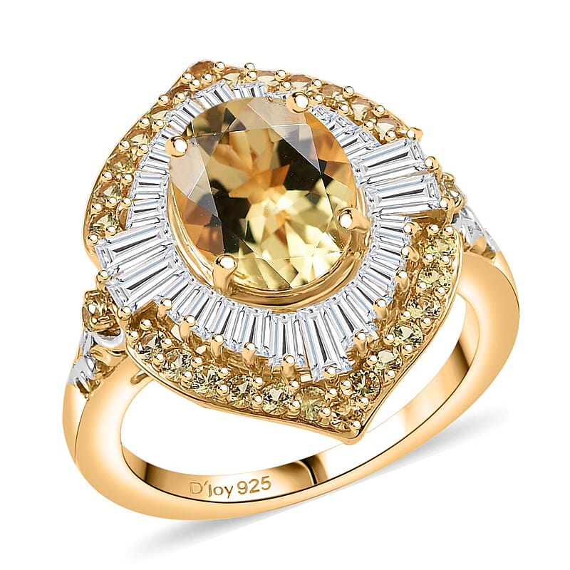 D'Joy Premium Brazilian Heliodor and Multi Gemstone 3.90 ctw Golden Sunburst Ring in Rhodium and 18K Vermeil Yellow Gold Over Sterling Silver (Size 10.0)