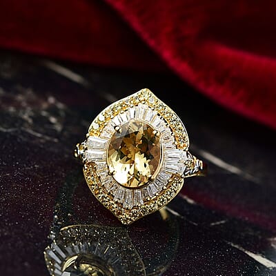 D'Joy Premium Brazilian Heliodor and Multi Gemstone 3.90 ctw Golden Sunburst Ring in Rhodium and 18K Vermeil Yellow Gold Over Sterling Silver (Size 10.0)