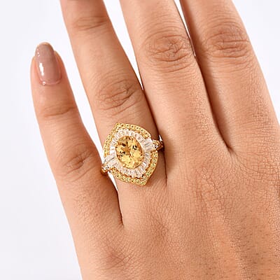 D'Joy Premium Brazilian Heliodor and Multi Gemstone 3.90 ctw Golden Sunburst Ring in Rhodium and 18K Vermeil Yellow Gold Over Sterling Silver (Size 10.0)