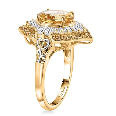 D'Joy Premium Brazilian Heliodor and Multi Gemstone 3.90 ctw Golden Sunburst Ring in Rhodium and 18K Vermeil Yellow Gold Over Sterling Silver (Size 10.0)