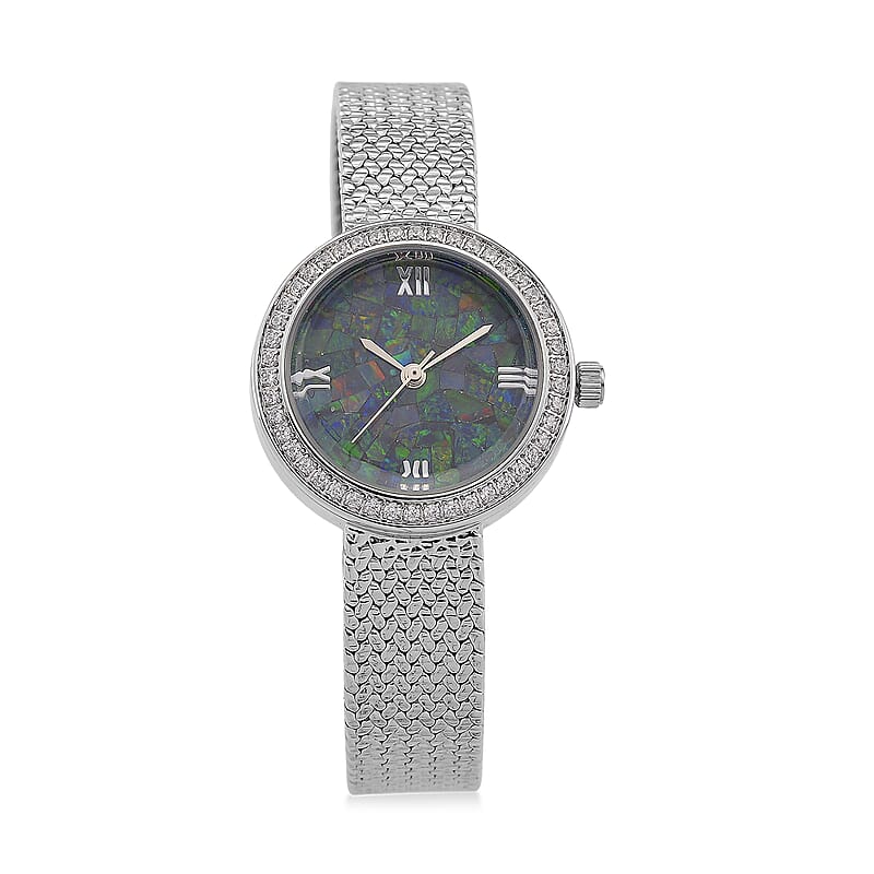 Classic Succession Simulated Diamond Swiss Movement Opal Dial Watch in Platinum Over Copper 1.20 ctw