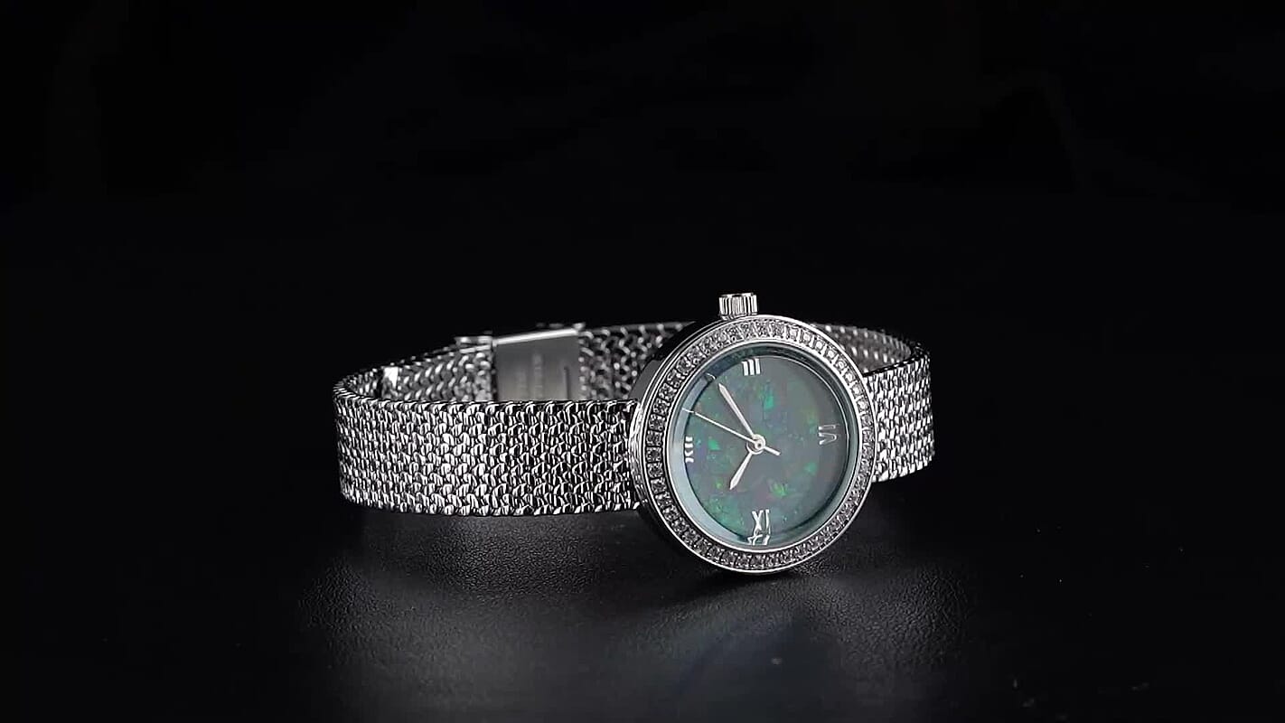 Classic Succession Simulated Diamond Swiss Movement Opal Dial Watch in Platinum Over Copper 1.20 ctw
