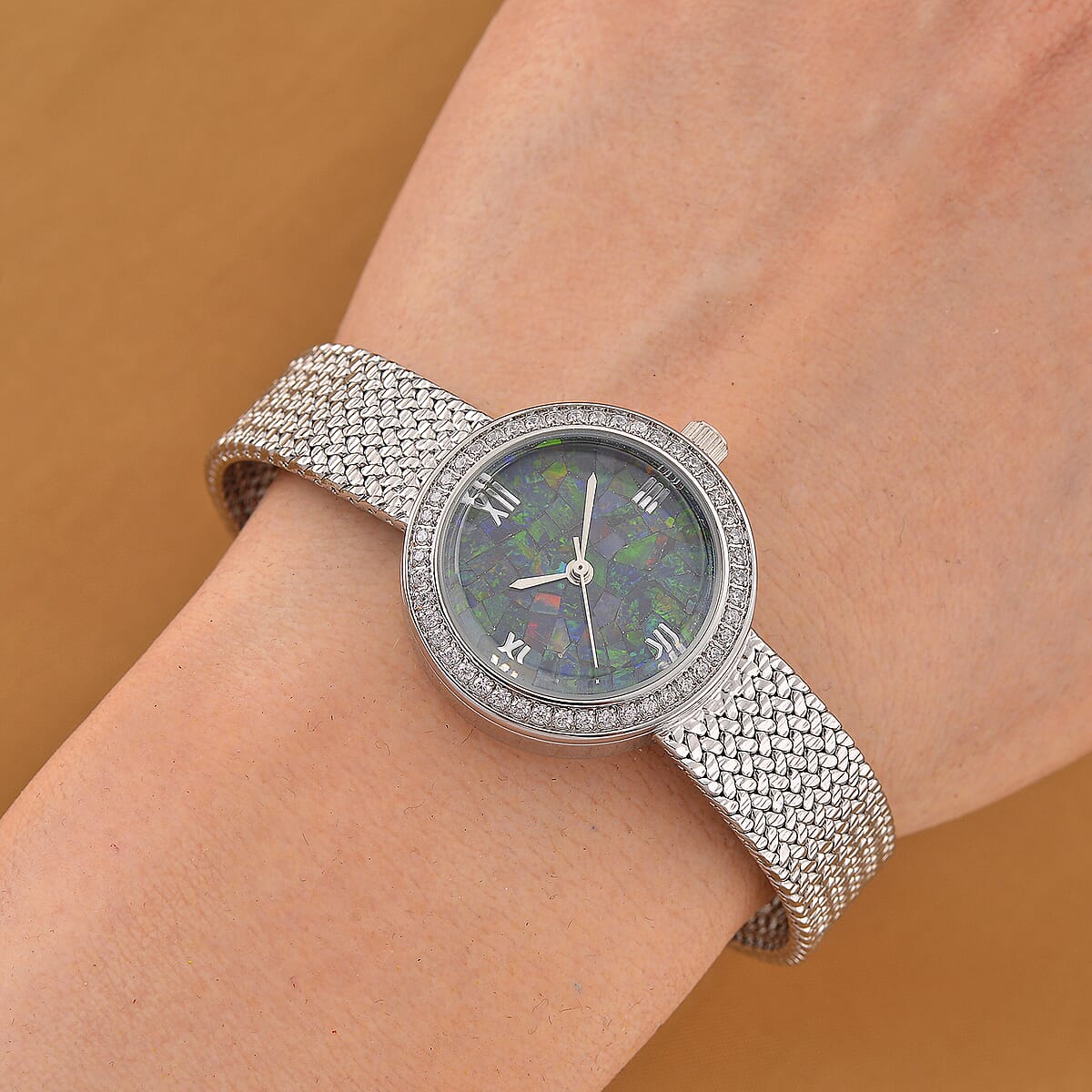 Classic Succession Simulated Diamond Swiss Movement Opal Dial Watch in Platinum Over Copper 1.20 ctw image number 1