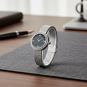 Classic Succession Simulated Diamond Swiss Movement Opal Dial Watch in Platinum Over Copper 1.20 ctw