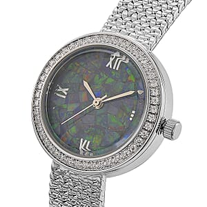 Classic Succession Simulated Diamond Swiss Movement Opal Dial Watch in Platinum Over Copper 1.20 ctw
